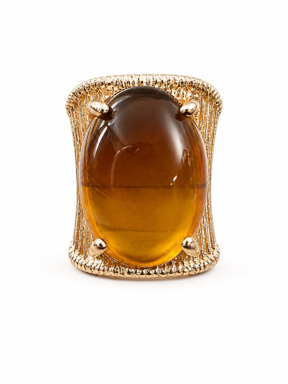 New Chunky Amber Toned Glass Cabochon Statement Ring Gold Tone Adjustable